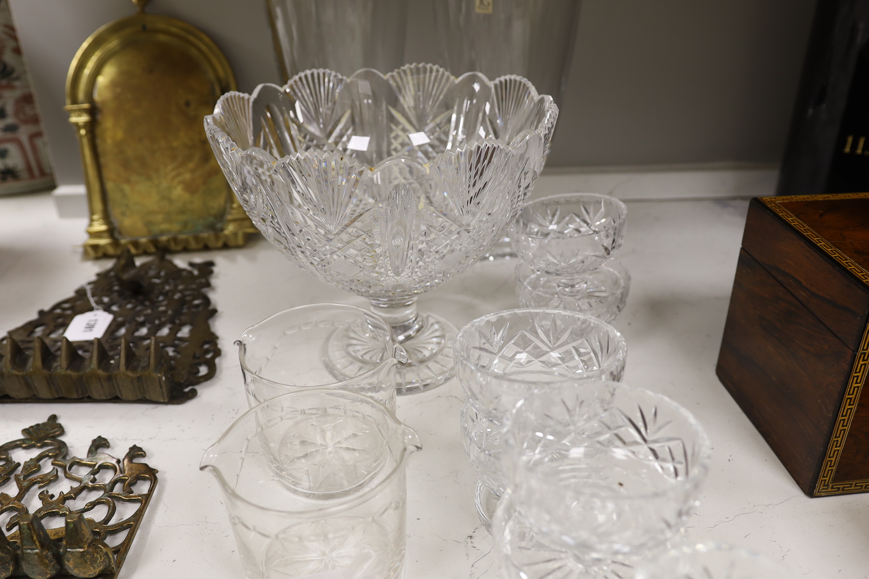 A pair of JG Durand vases, eight sundae glasses and plates, a pedestal bowl and two rinsers